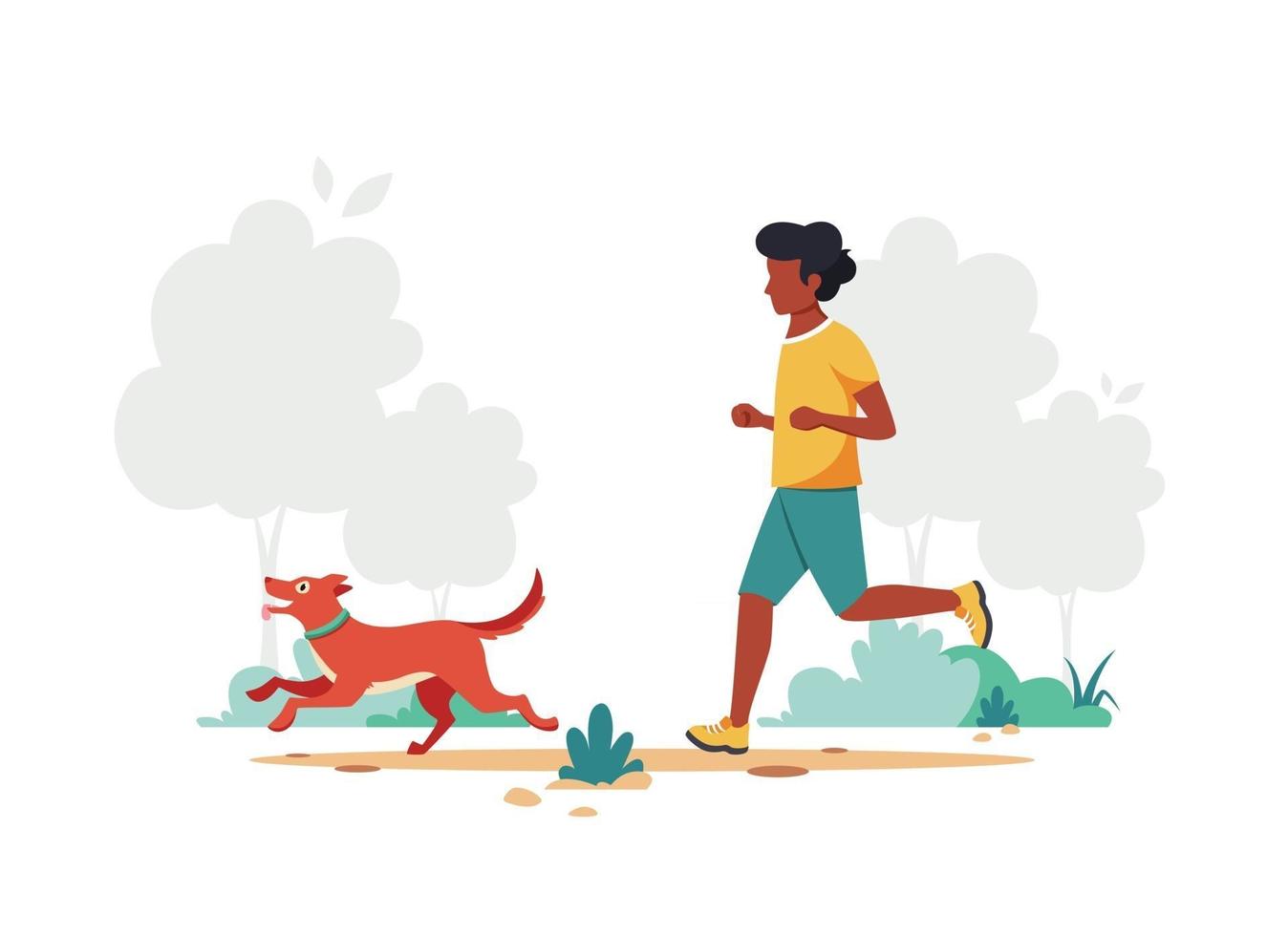 hombre negro trotando con perro. actividad al aire libre, deporte, cuidado personal vector