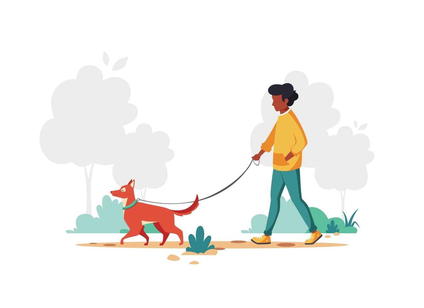 Black man walking with dog. Outdoor activity vector