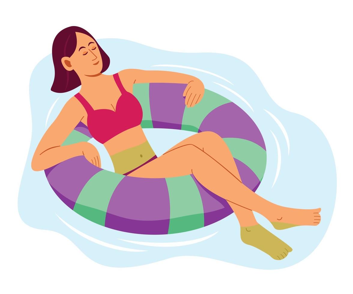 La mujer disfruta flotando en un anillo de natación inflable en la piscina en verano. vector