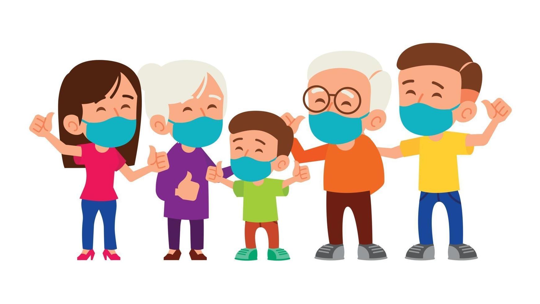 Family with medical face masks to prevent against virus and bacteria. vector