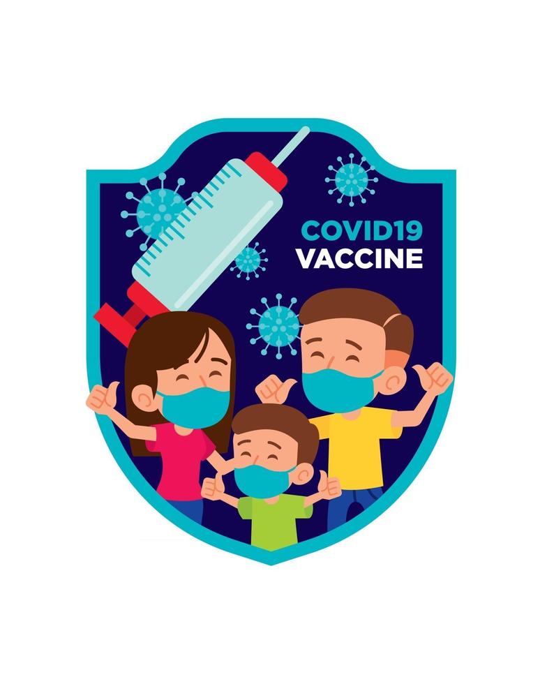 familia con mascarilla vacunarse con la campaña de vacunación contra el coronavirus vector