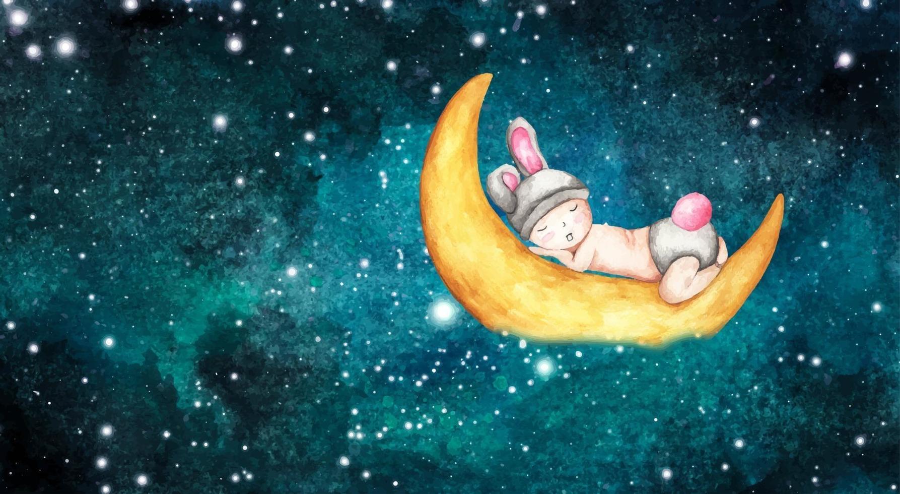 Cute little baby sleeping on the moon. Watercolor illustration. vector