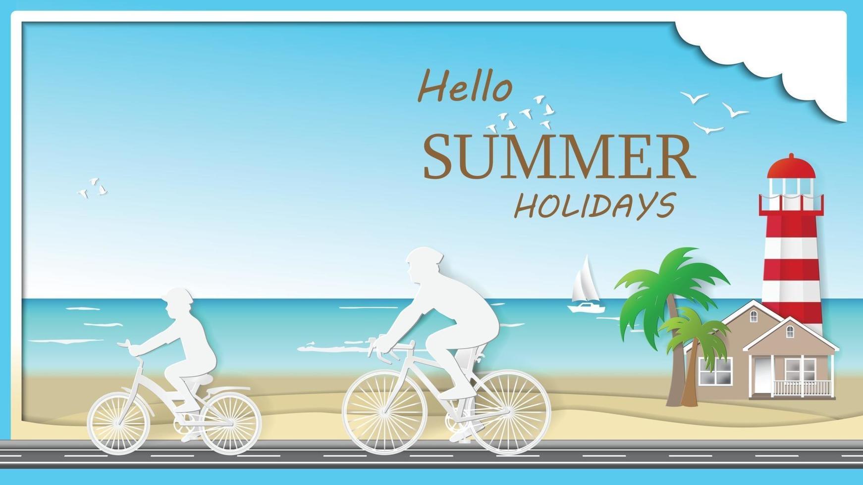 Father and son are riding bicycle on summer holidays beach, paper art vector
