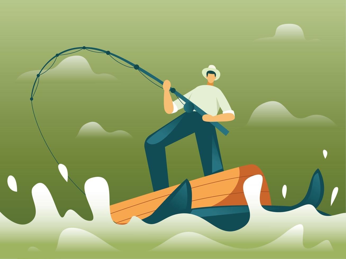 Fisherman fishing on boat illustration concept vector