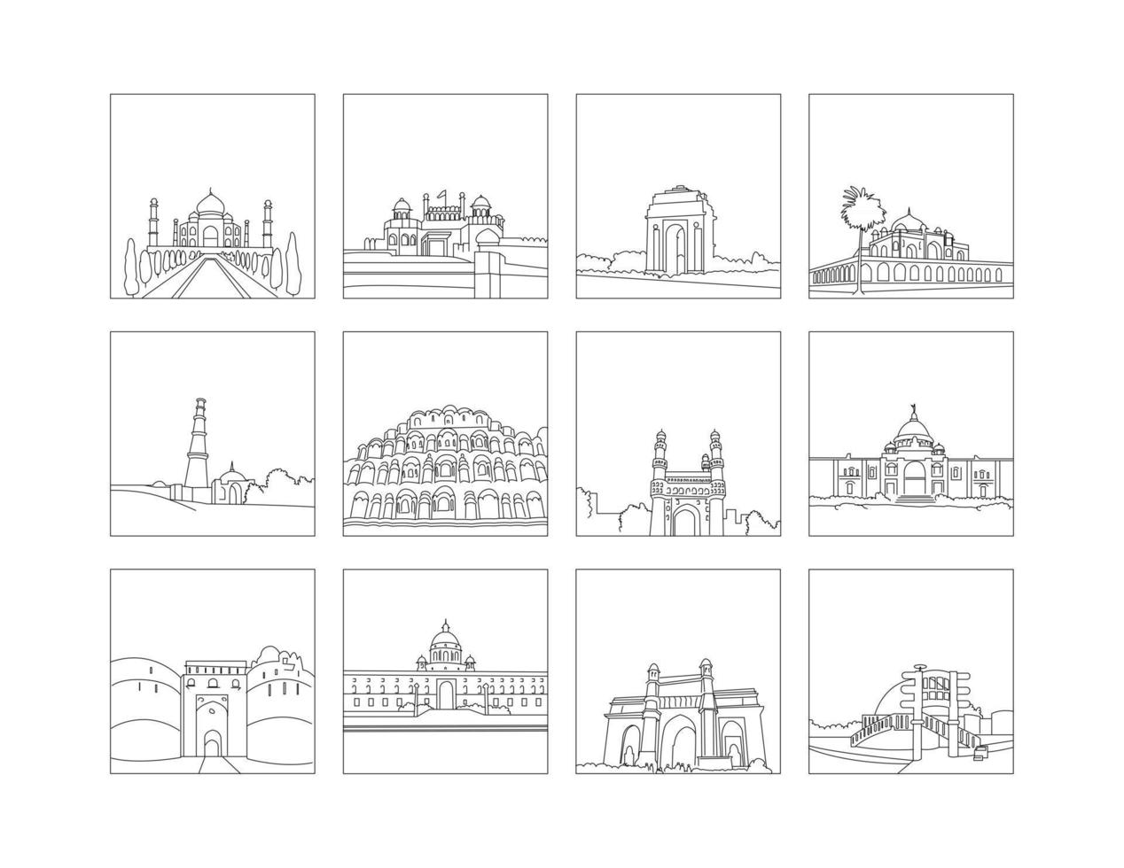 lugares históricos de la india dibujo lineal conjunto de imágenes prediseñadas vector