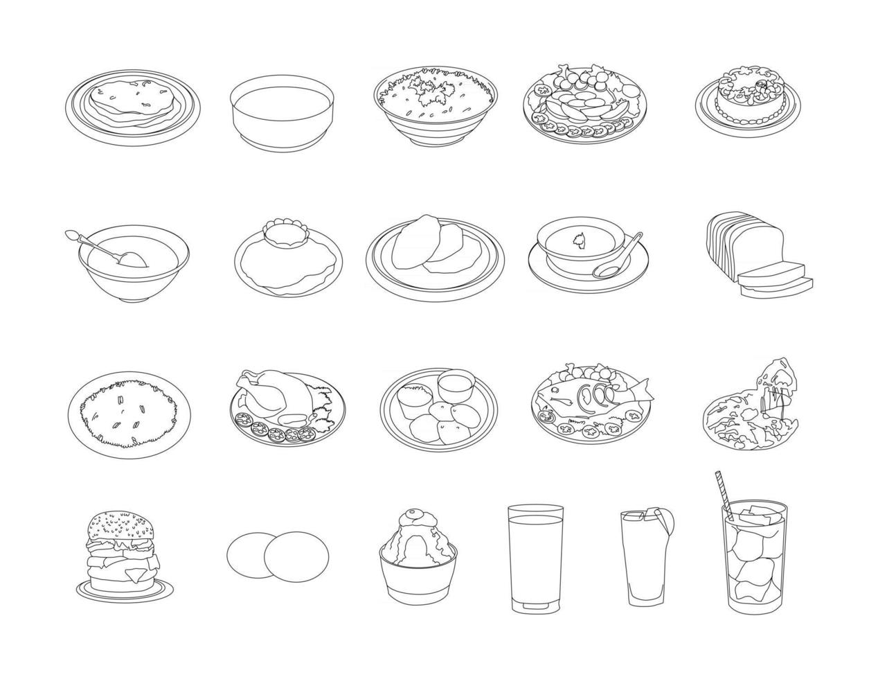 Conjunto de imágenes prediseñadas de dibujo lineal de alimentos y bebidas vector