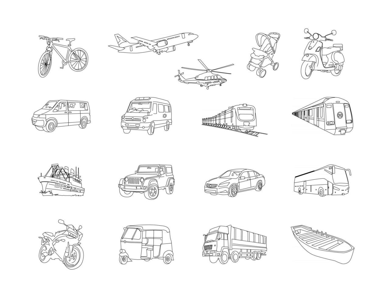 vehículos, bicicleta, dibujo lineal, clip art, conjunto vector
