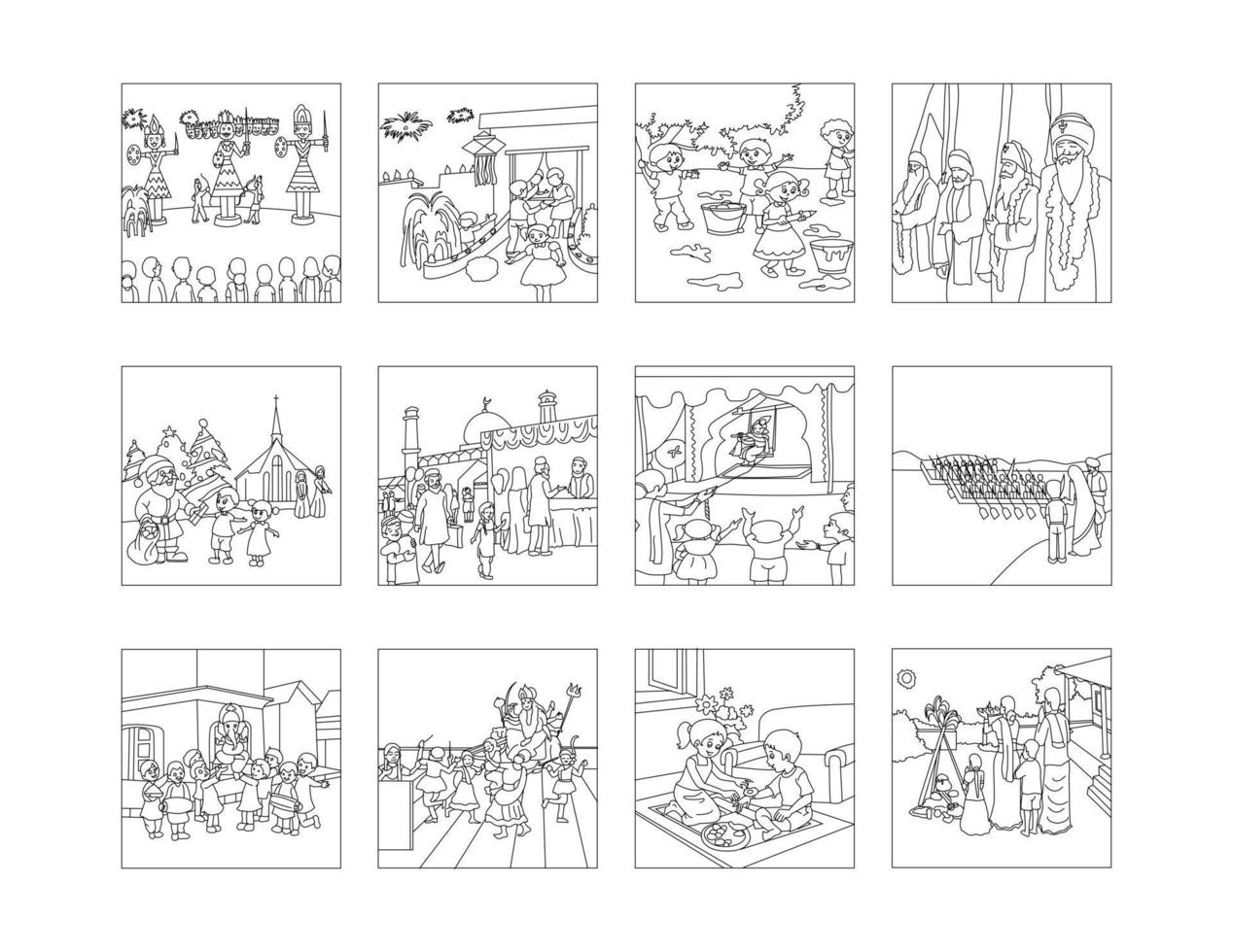 Our Festivals line drawing clip art set vector