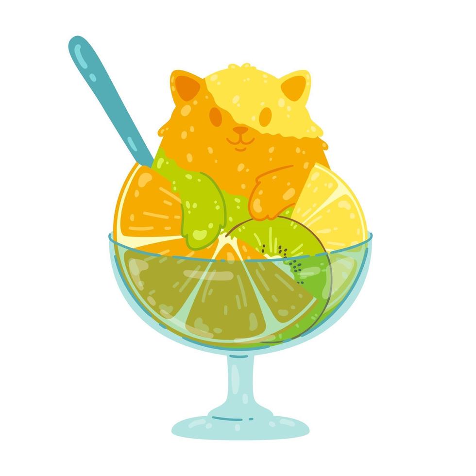 Cute fruity ice cream cat with orange, kiwi, lemon. Citrus shave ice. vector