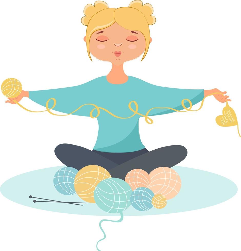 Vector illustration of a girl sitting with balls of yarn for knitting