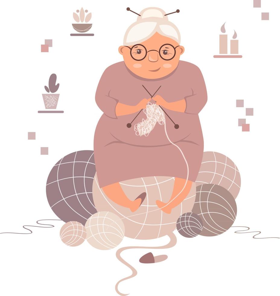 Vector illustration grandmother in comfort and coziness sits on clews