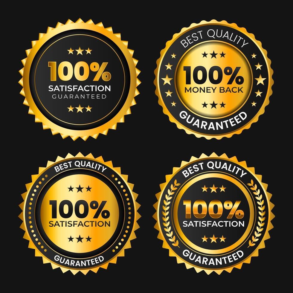 Cien por ciento de satisfacción garantizada colección de insignias negras doradas. vector