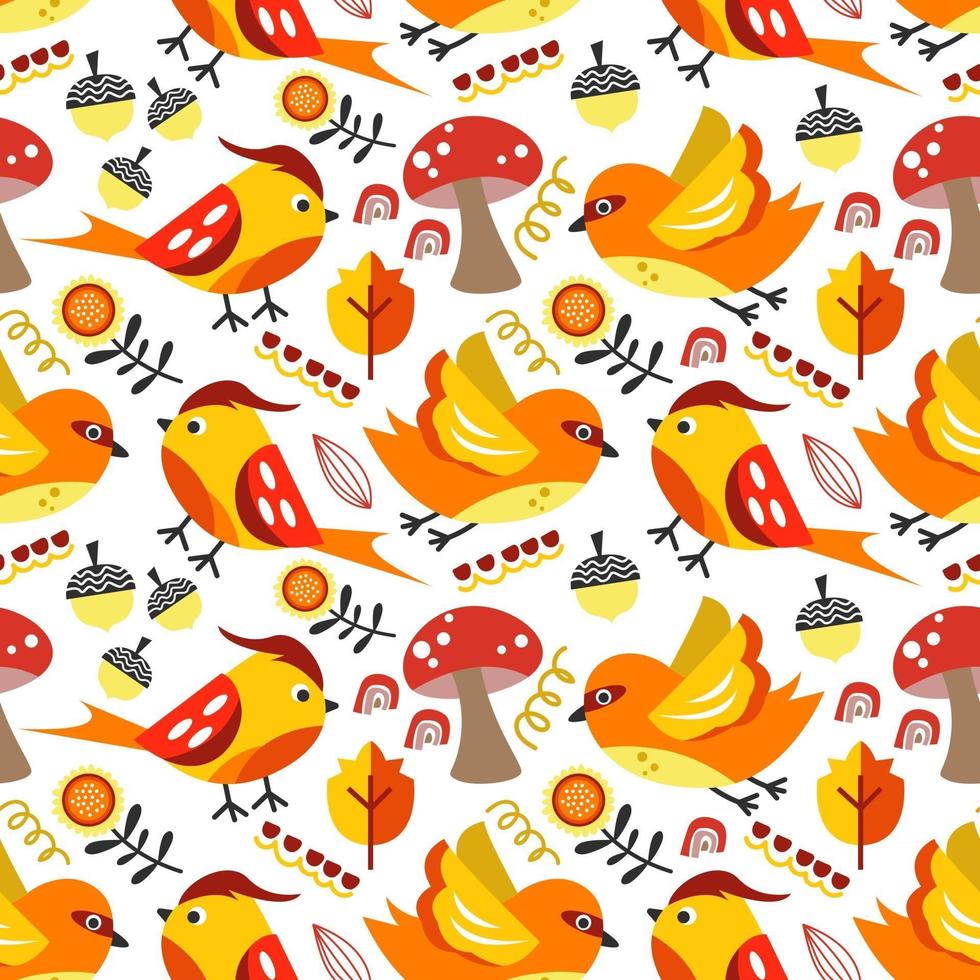 Seamless pattern autumn forest with cute bird vector