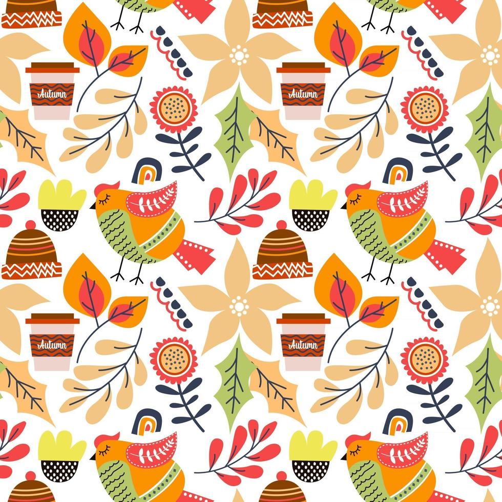 Autumn leaves and bird seamless pattern vector