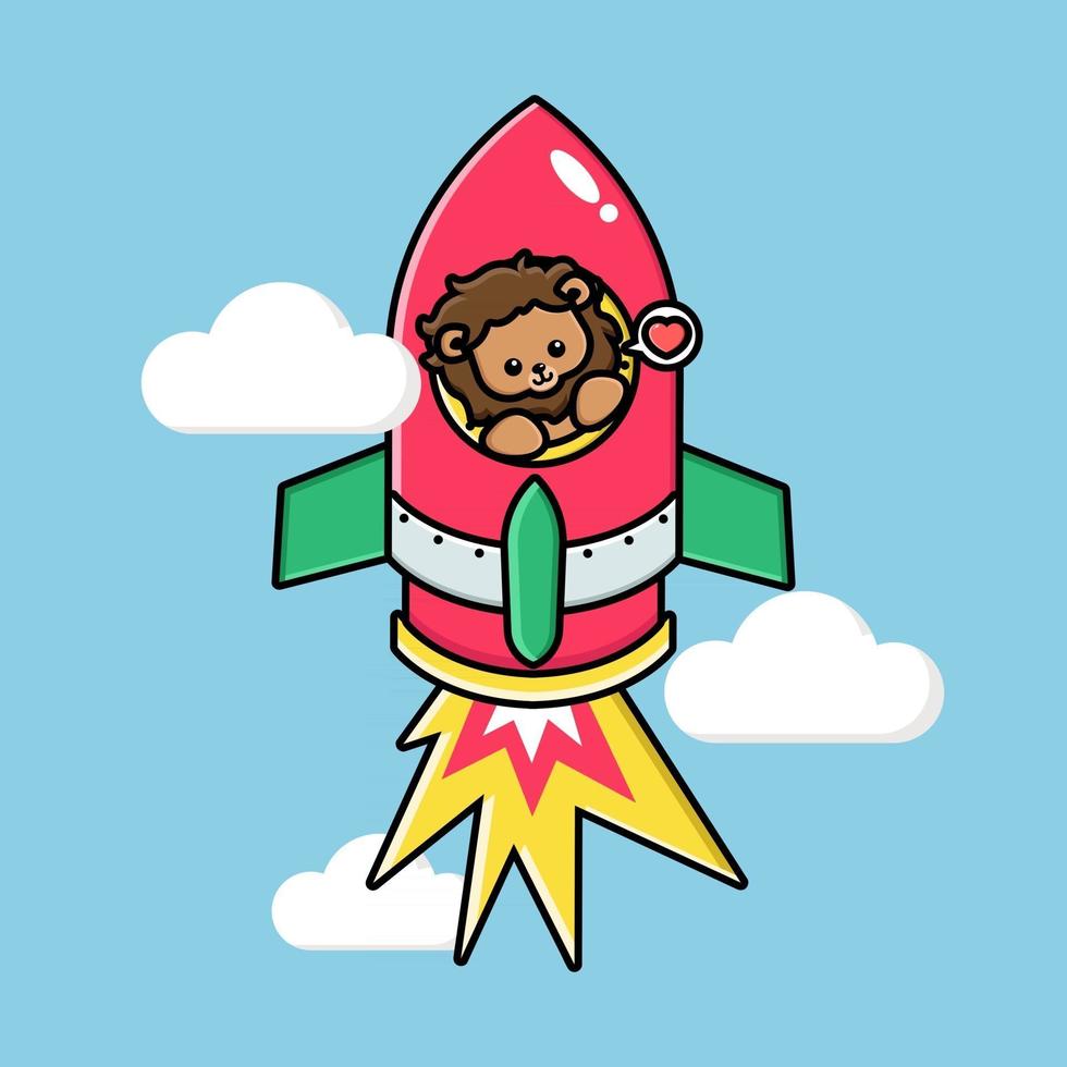 Cute lion on a flying rocket vector