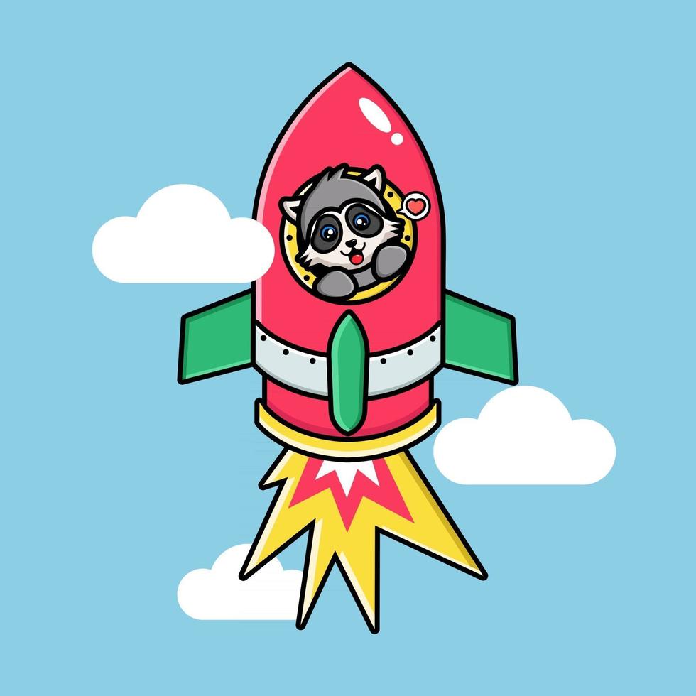 lindo mapache en un cohete volador vector