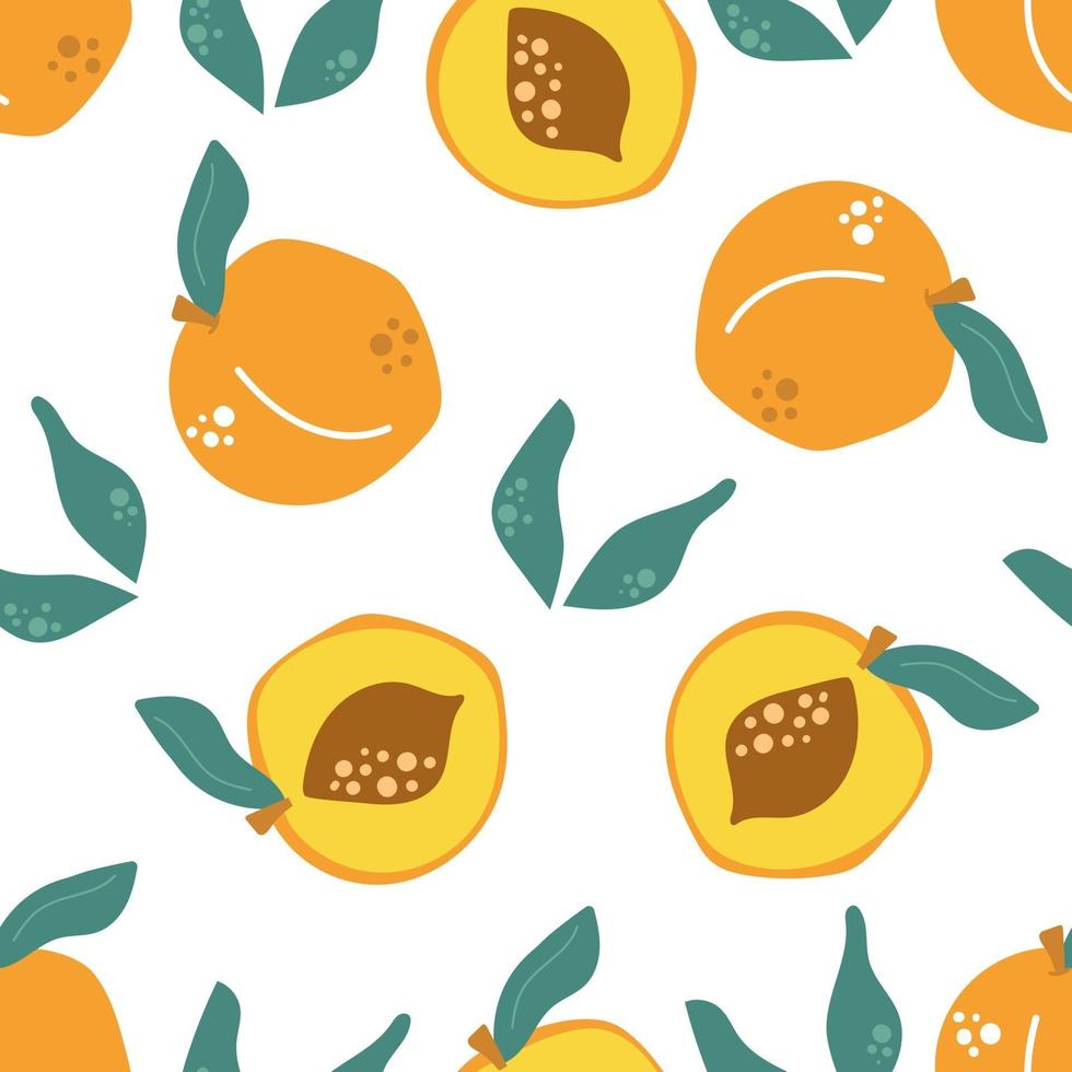 Seamless pattern of peaches with leaves. Modern illustration. vector