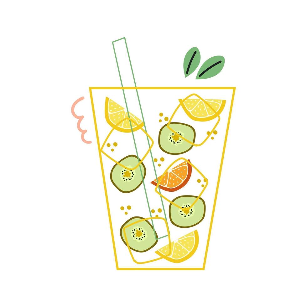 Glass with ice, kiwi slice and lemon, orange slice. Cocktail, lemonade vector