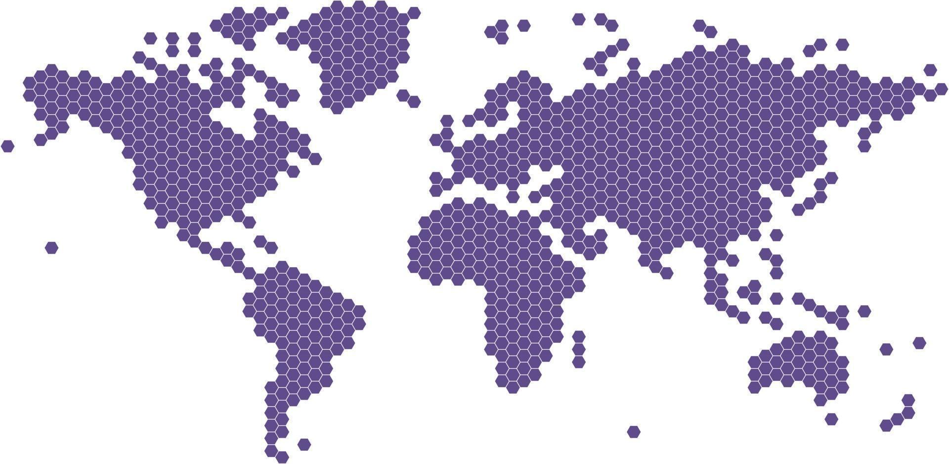 Mapa del mundo de forma hexagonal violeta sobre fondo blanco. vector