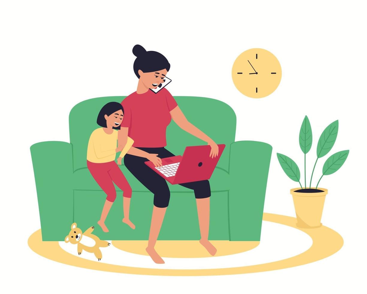 A woman works at home using a laptop, talking on the phone vector