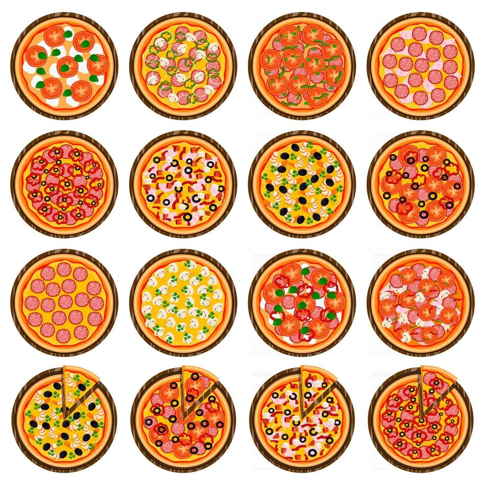 whole round hot pizza, slice triangle to pizzeria menu vector