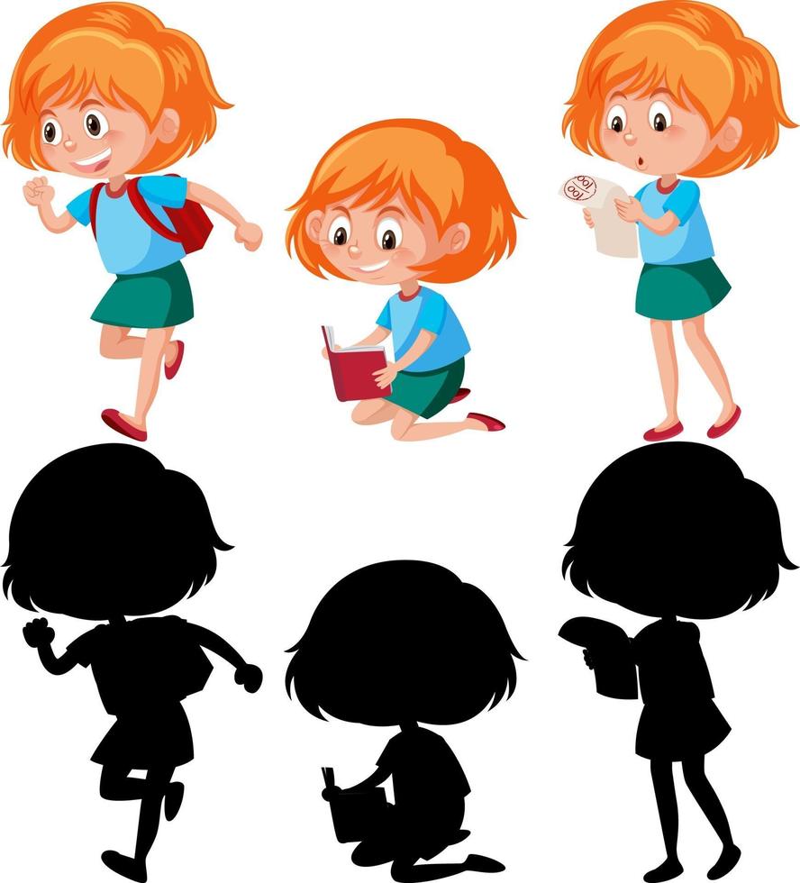 personaje de dibujos animados de una niña con diferentes poses con silueta vector