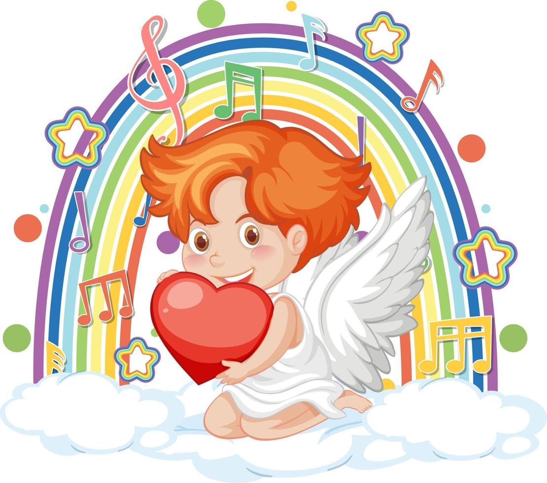 Cupid boy on the cloud with melody symbols on rainbow vector