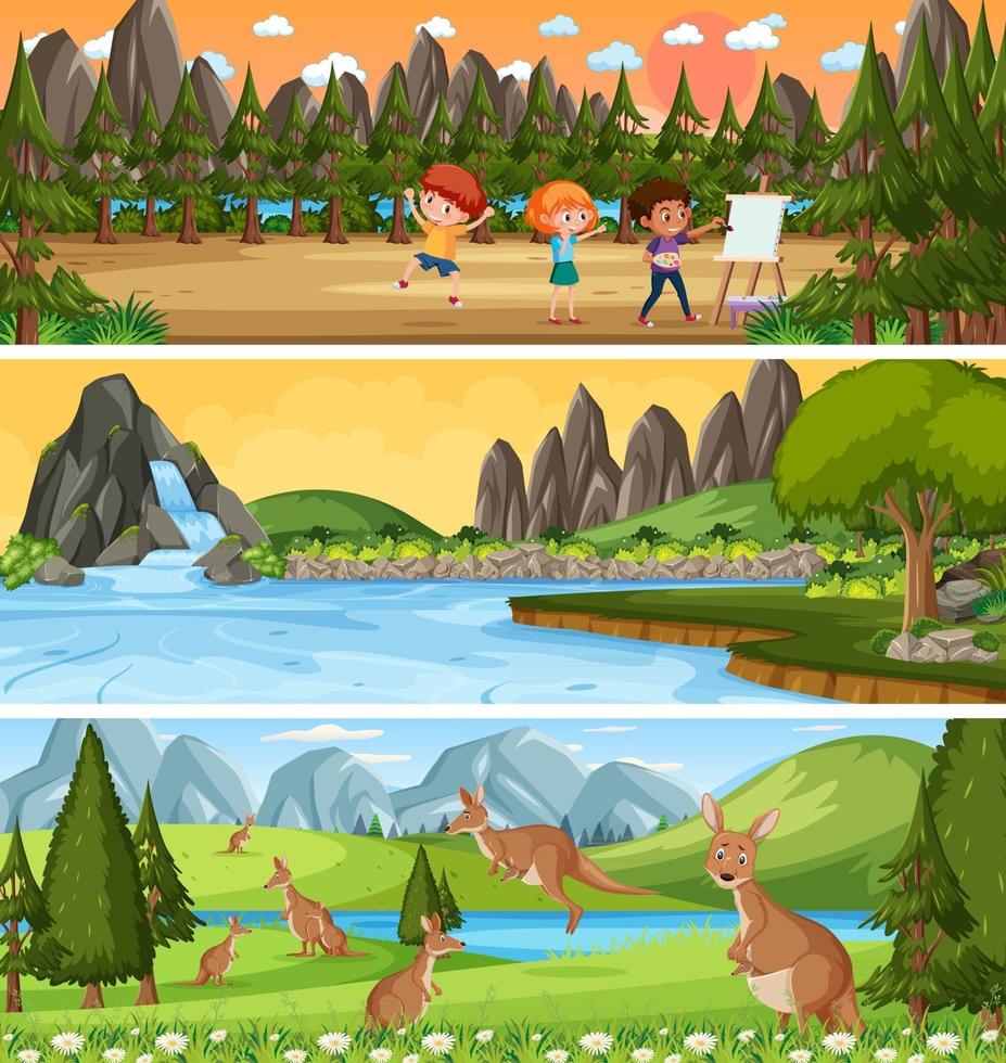 Escena de paisaje panorámico al aire libre con personaje de dibujos animados vector