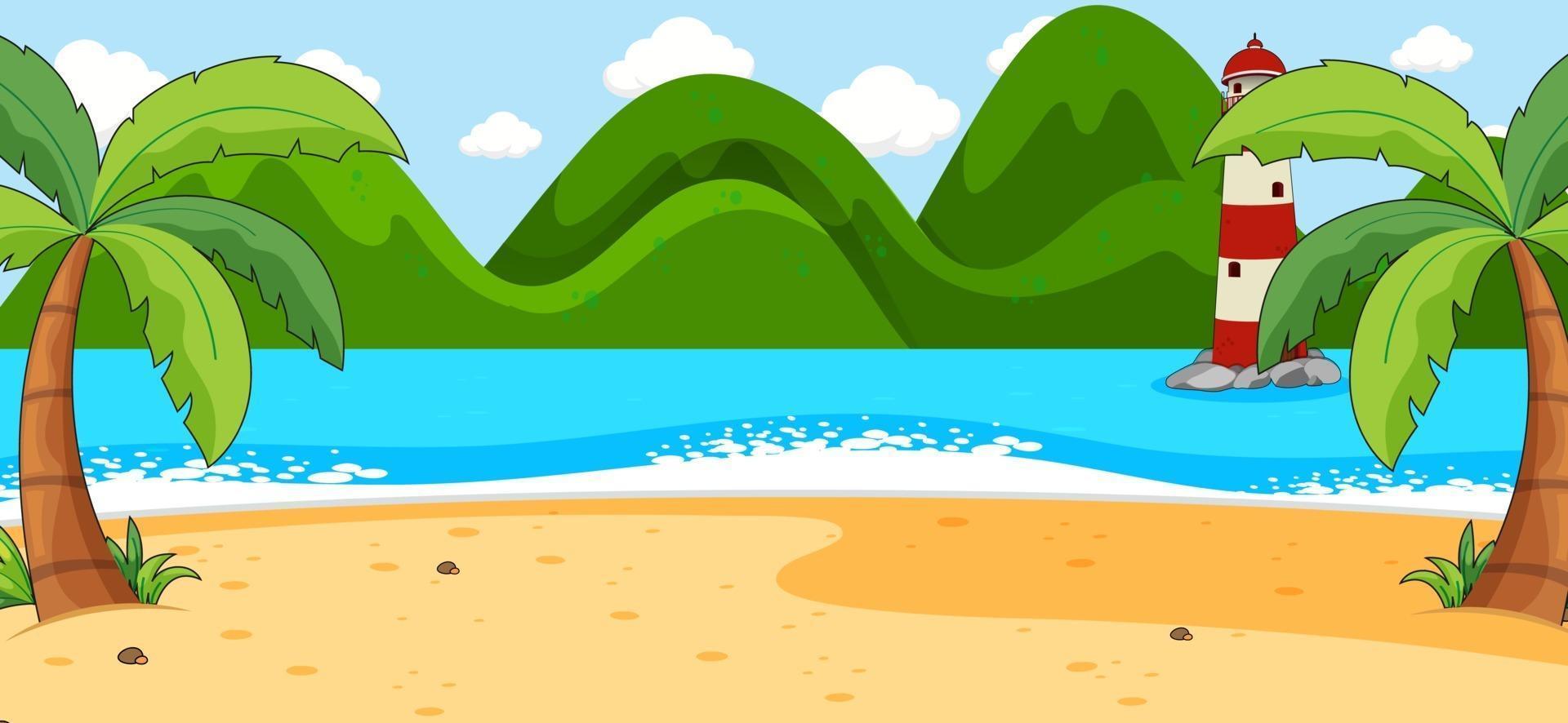 Escena de playa vacía con cocoteros y montaña en estilo simple. vector