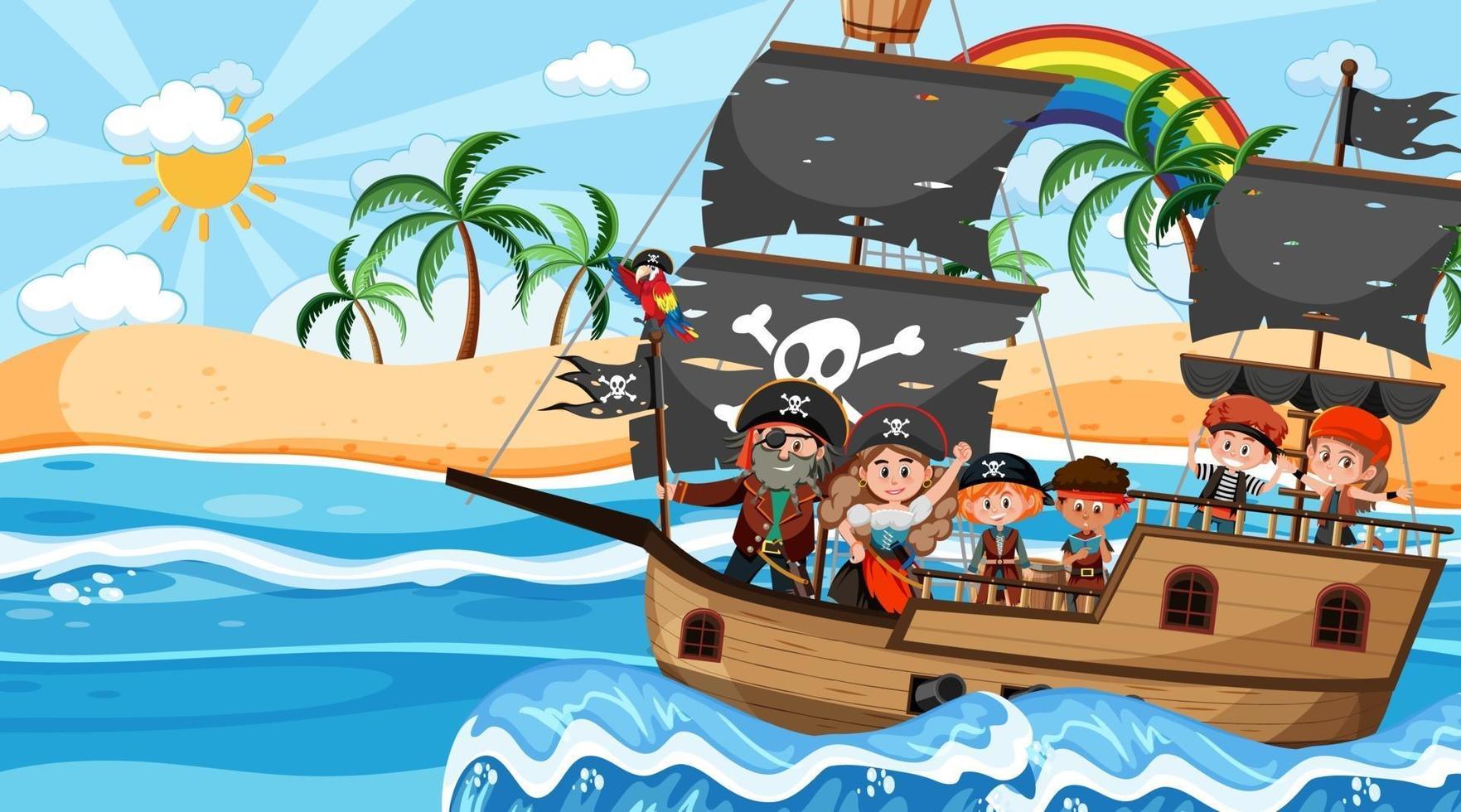 escena de la isla del tesoro durante el día con niños piratas en el barco vector