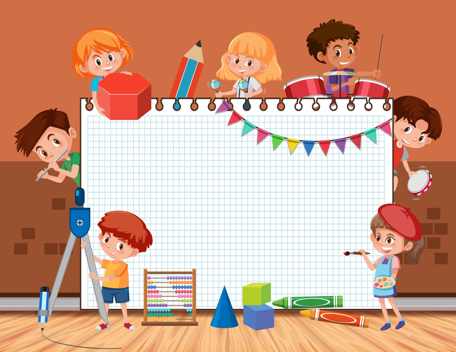 Empty board with student kids doing different activities 3013434 Vector