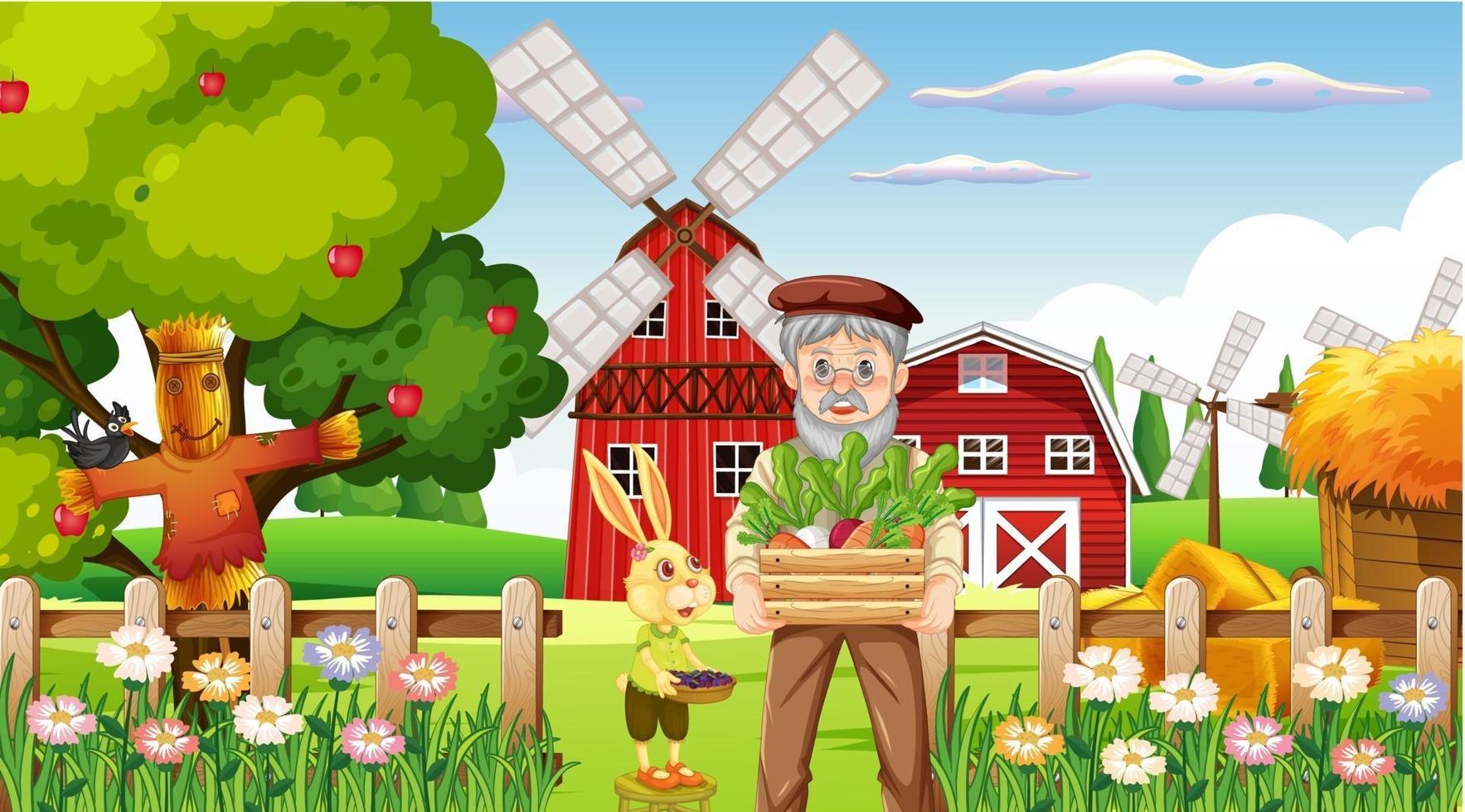 Farm scene with old farmer man and farm animals vector