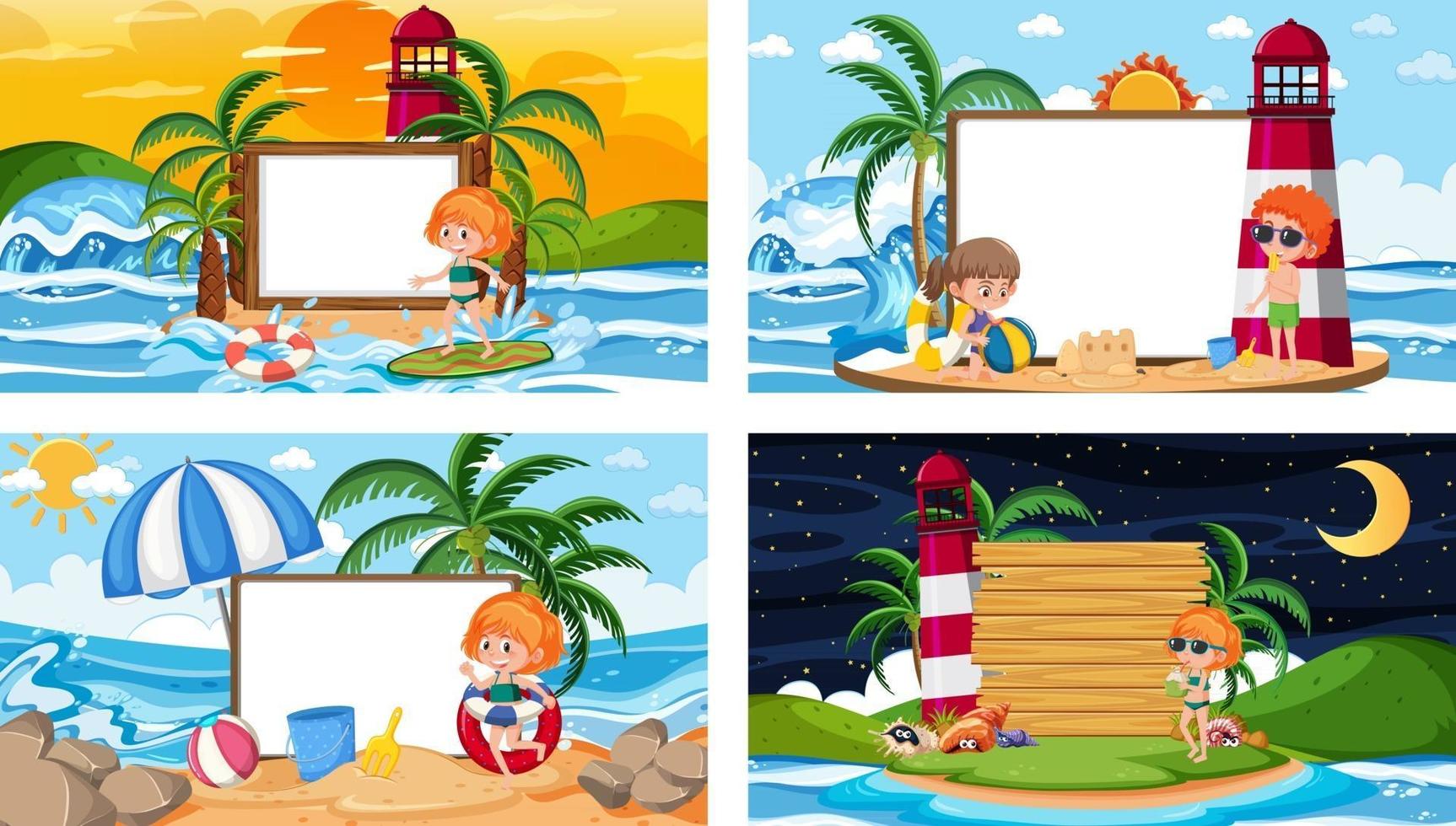 Set of different tropical beach scenes with blank banner vector