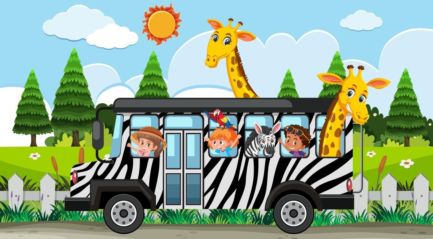 Escena de safari con niños en coche turístico viendo grupo de jirafas vector
