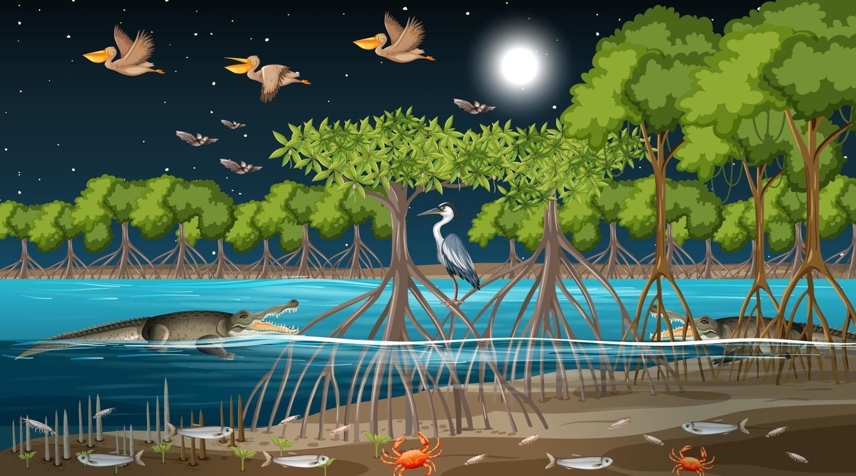 Escena del paisaje del bosque de manglares en la noche con muchos animales diferentes vector