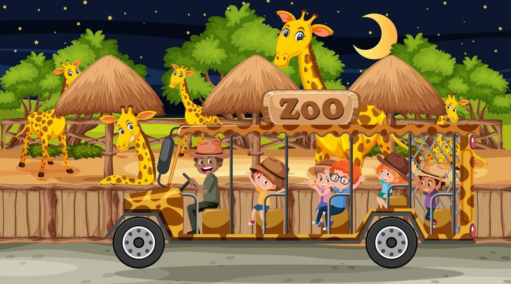 Safari at night scene with many kids watching leopard group vector