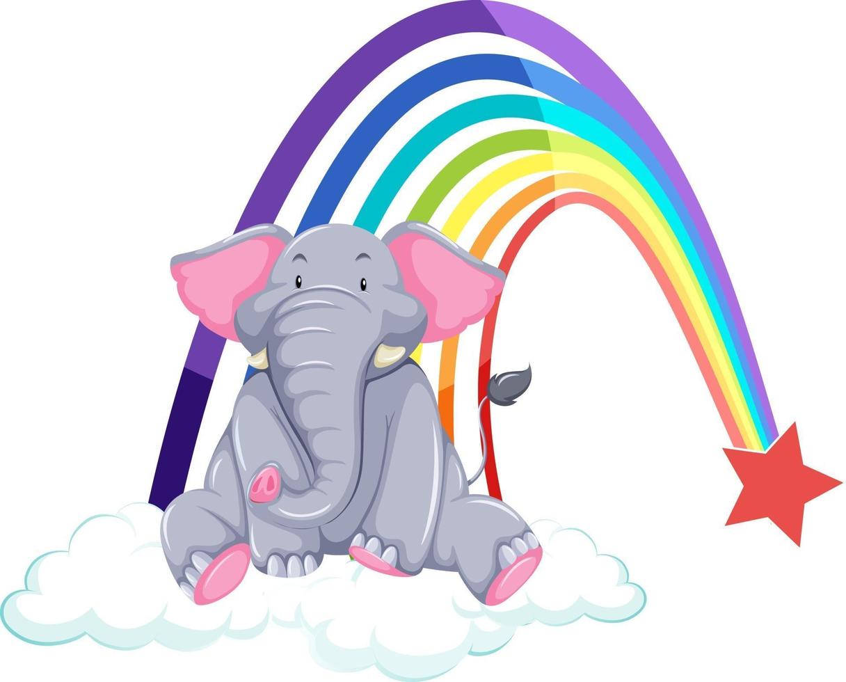 Un elefante en la nube con arco iris sobre fondo blanco. vector