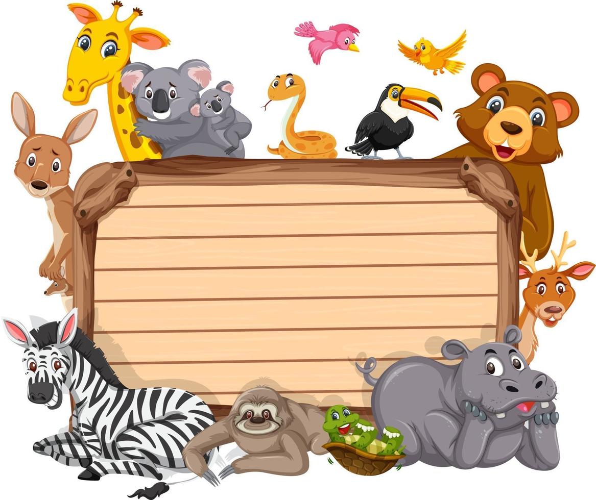 Empty wooden board with various wild animals vector