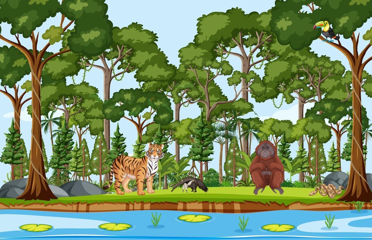 Wild animals with stream flowing through the forest scene vector