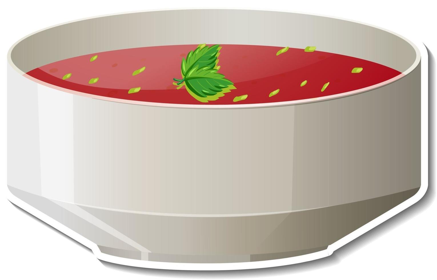 Tazón de sopa de tomate pegatina sobre fondo blanco. vector