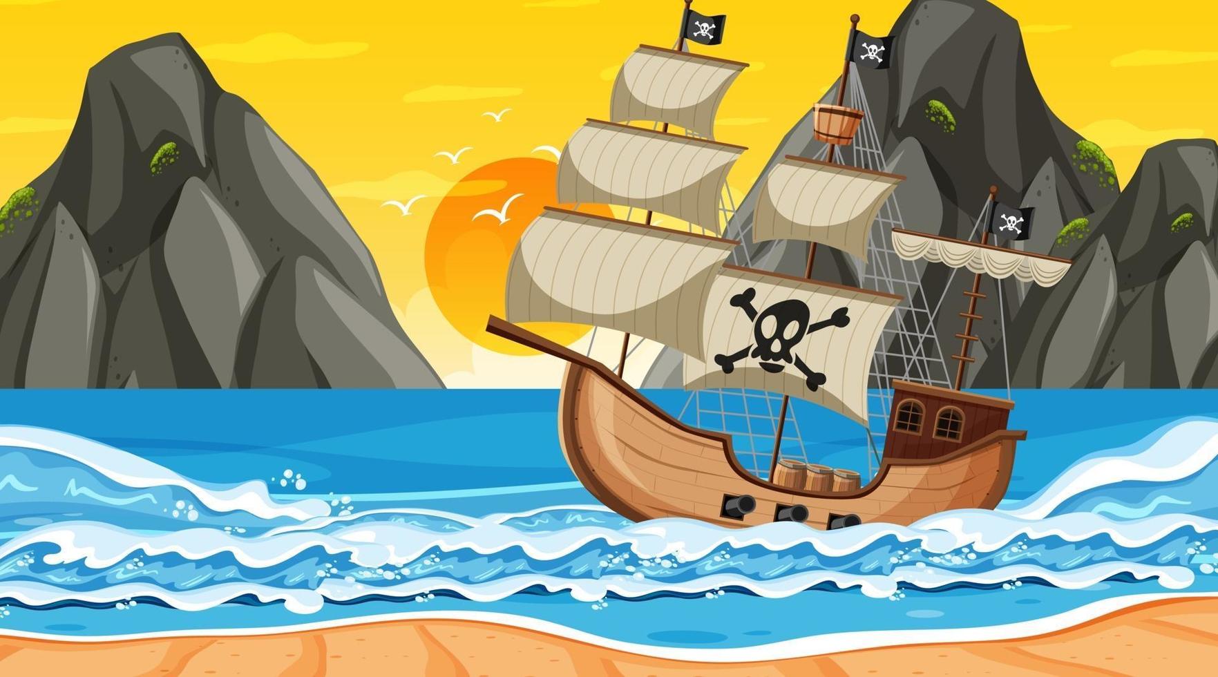 Océano con barco pirata en la escena del atardecer en estilo de dibujos animados vector