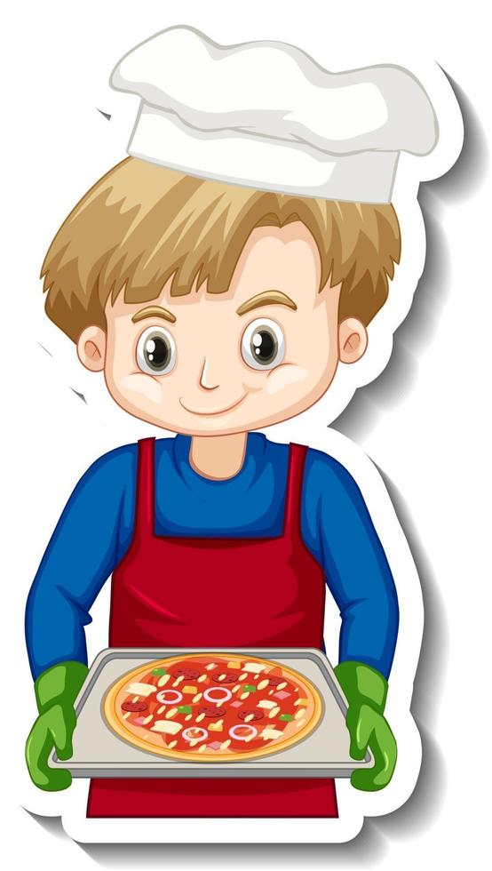 Diseño de etiqueta con niño chef sosteniendo bandeja de pizza vector