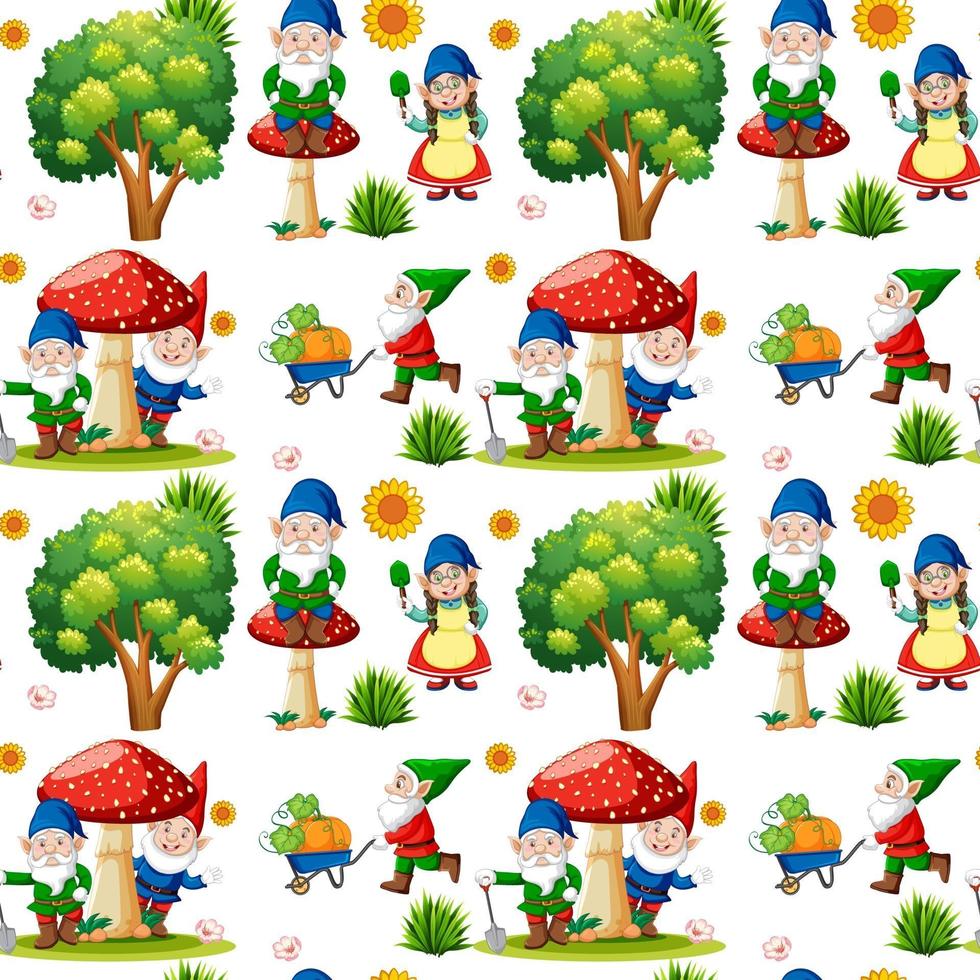 Gnome or dwarf seamless pattern with garden elements vector