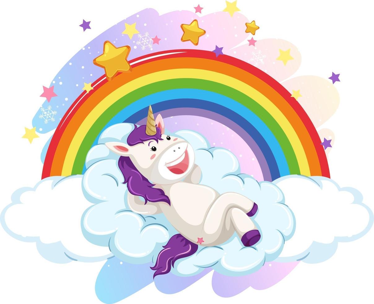 lindo unicornio en el cielo pastel con arcoiris vector