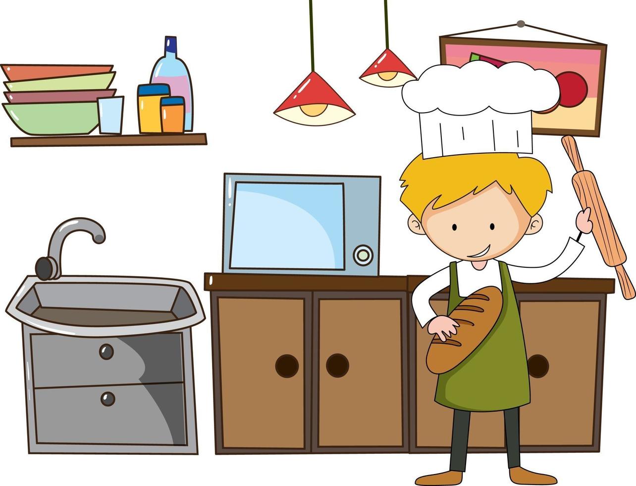 Little chef with kitchen equipments on white background vector