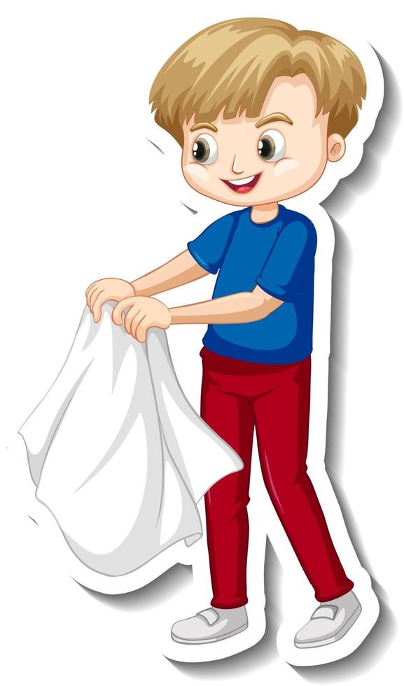 Sticker design with a boy take off his coat isolated vector