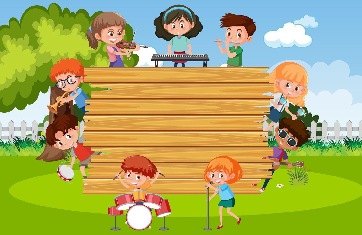 Empty wooden board with kids playing different musical instruments vector