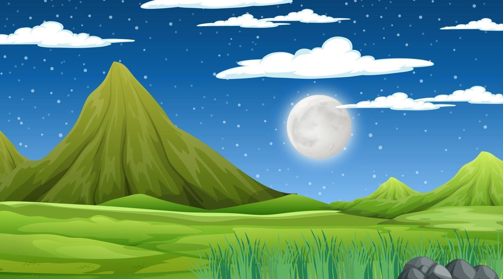 Blank meadow landscape with mountain scene at night vector