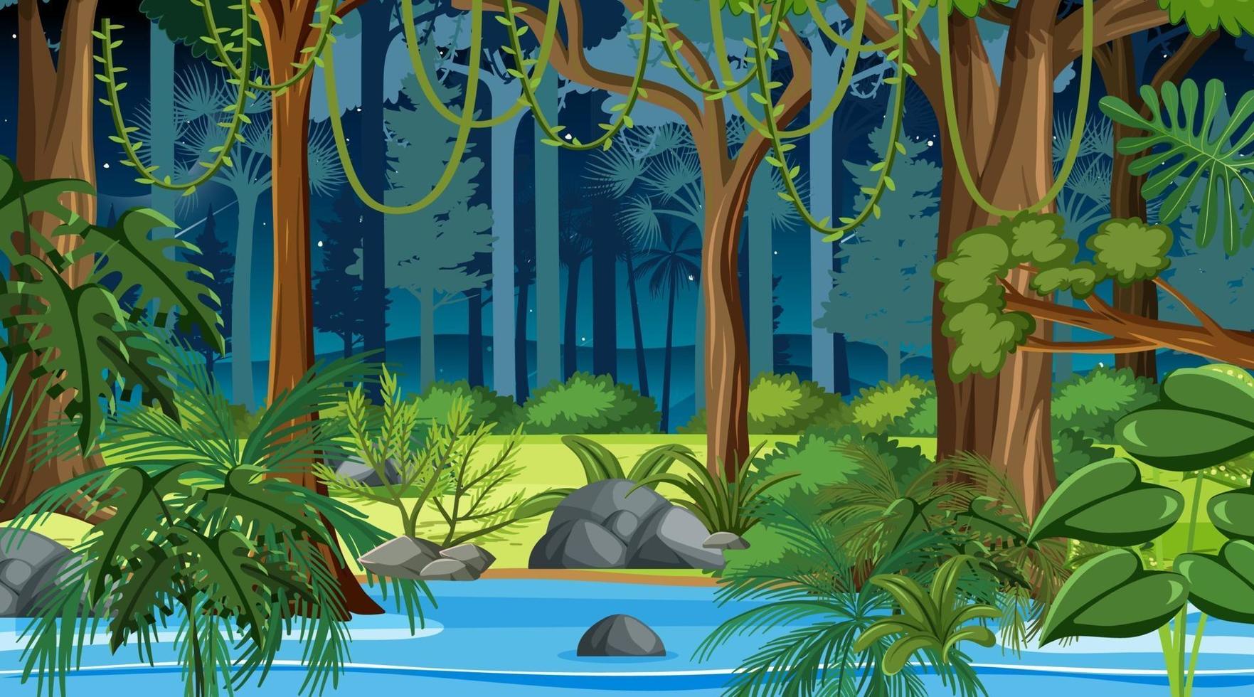 Forest landscape scene at night with many different trees vector