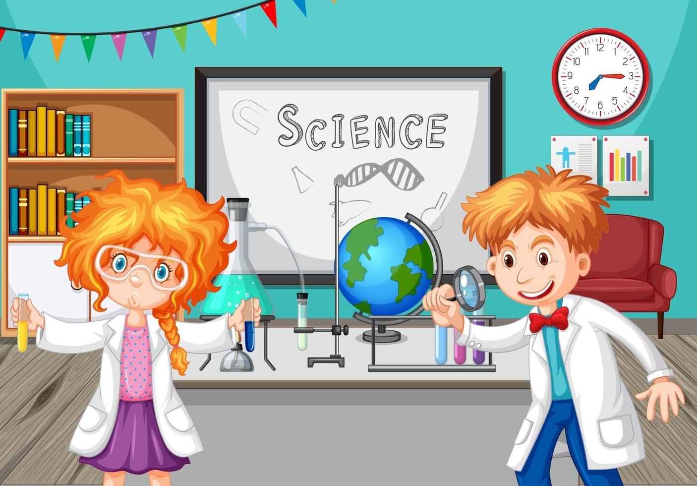 School kids doing chemistry experiment in the classroom vector